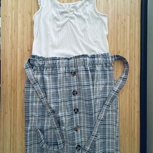 Ultra Flirt White Ribbed Top with Blue Plaid Button Skirt Mini Dress
